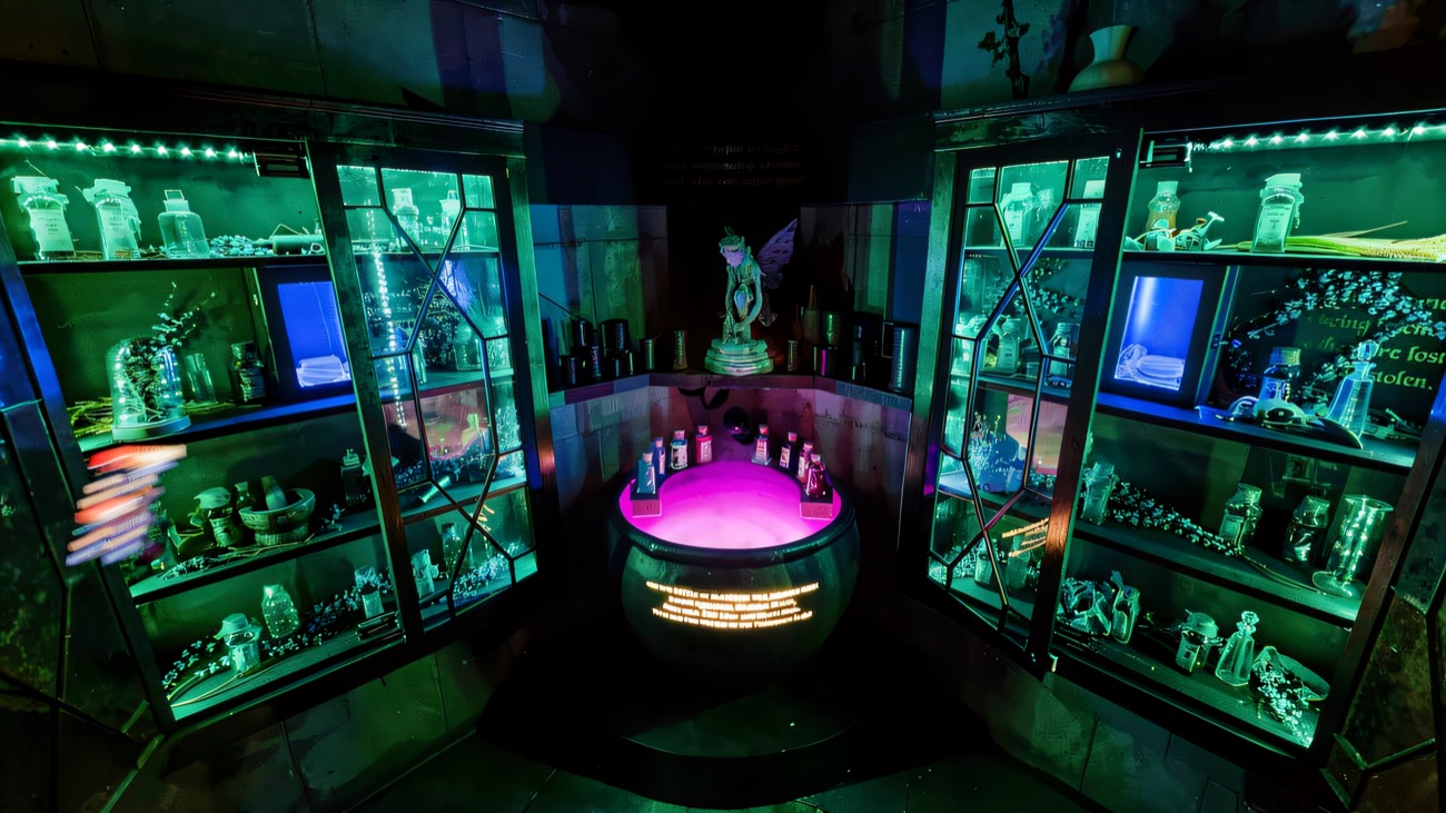 Apothecary-style escape room set lined with bottles and jars