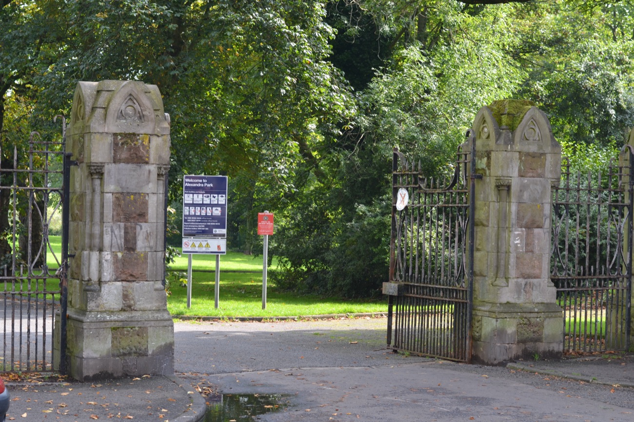 The stone entrance piers and iron gates at the Antrim Road entrance to Alexandra Park