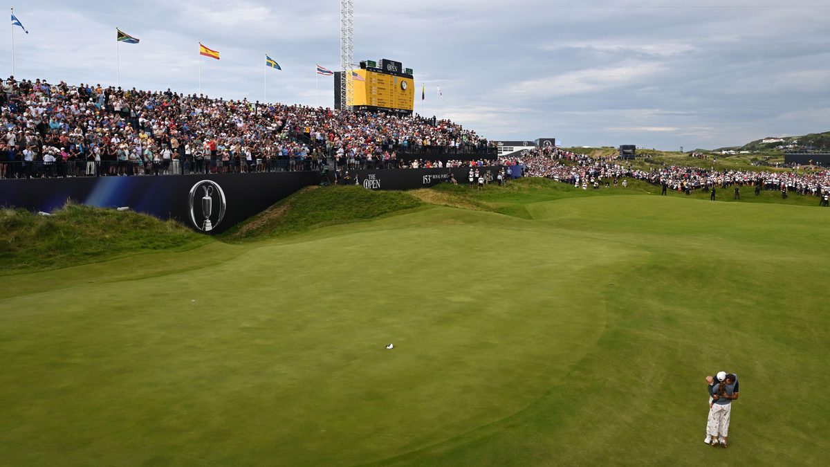 Huge galleries around the 18th green at Royal Portrush during The Open — the same links that host the 2027 Amateur Championship