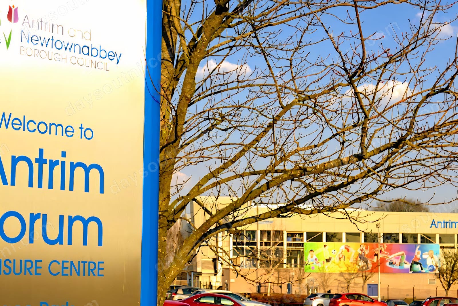 Antrim Forum leisure centre, home to the Caveman Capers dinosaur-themed soft play, with its colourful mural panels