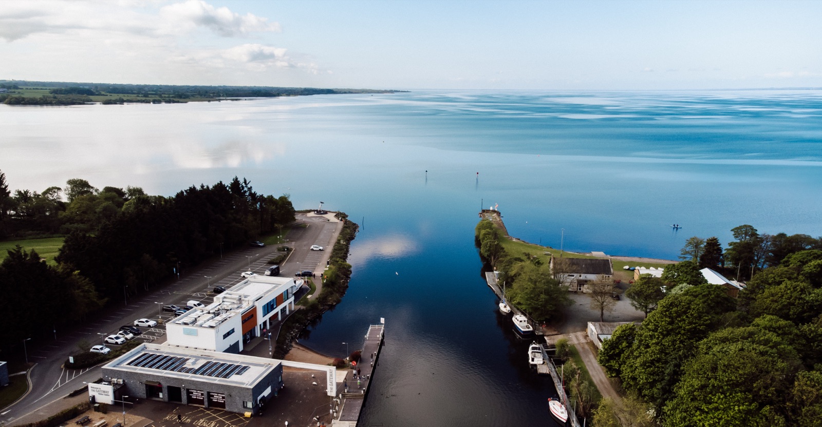 Aerial view over the marina at Antrim looking out across the huge open water of Lough Neagh