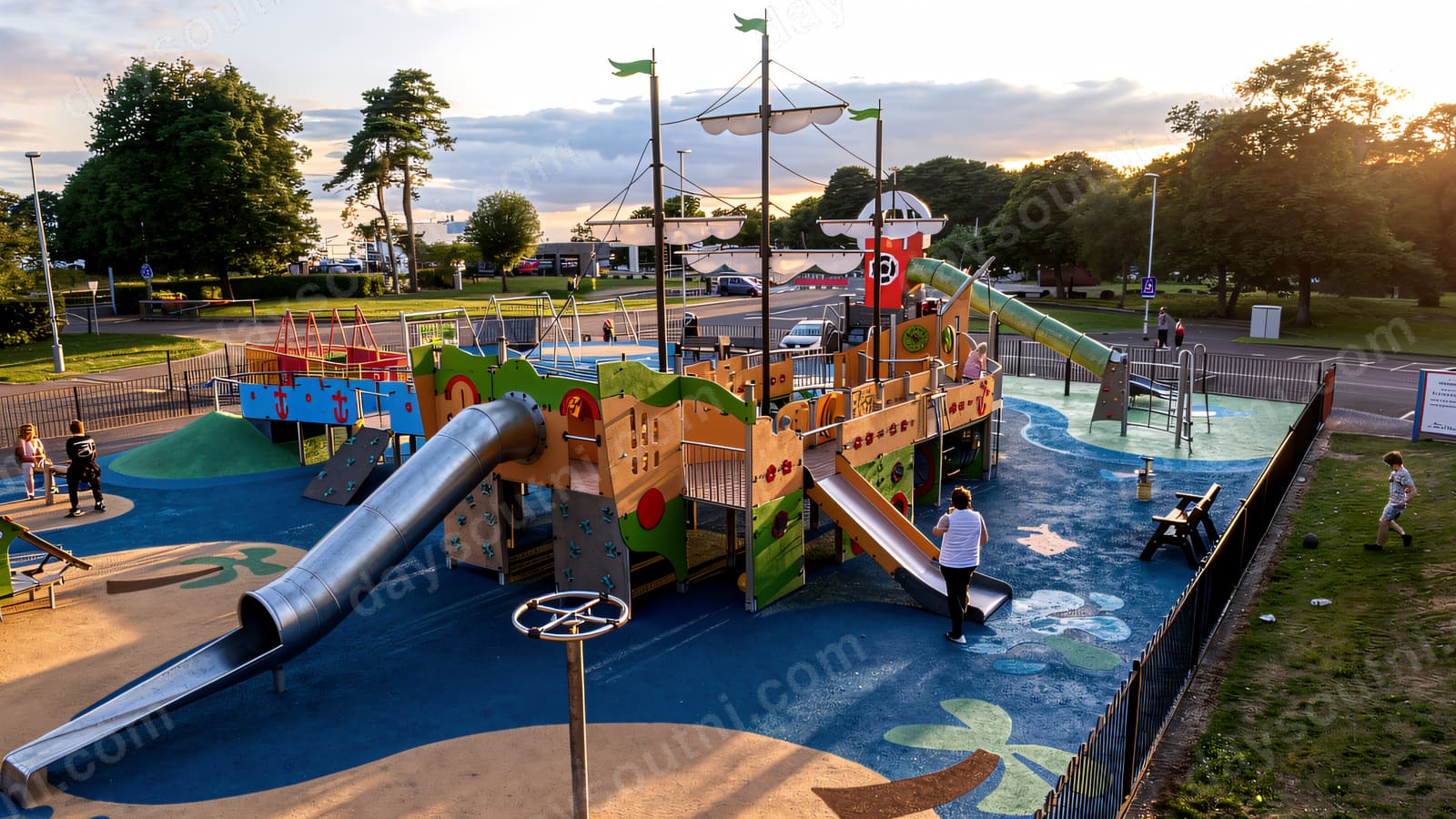 Children climbing the ship-shaped play frame with the long metal slide running down beside it.