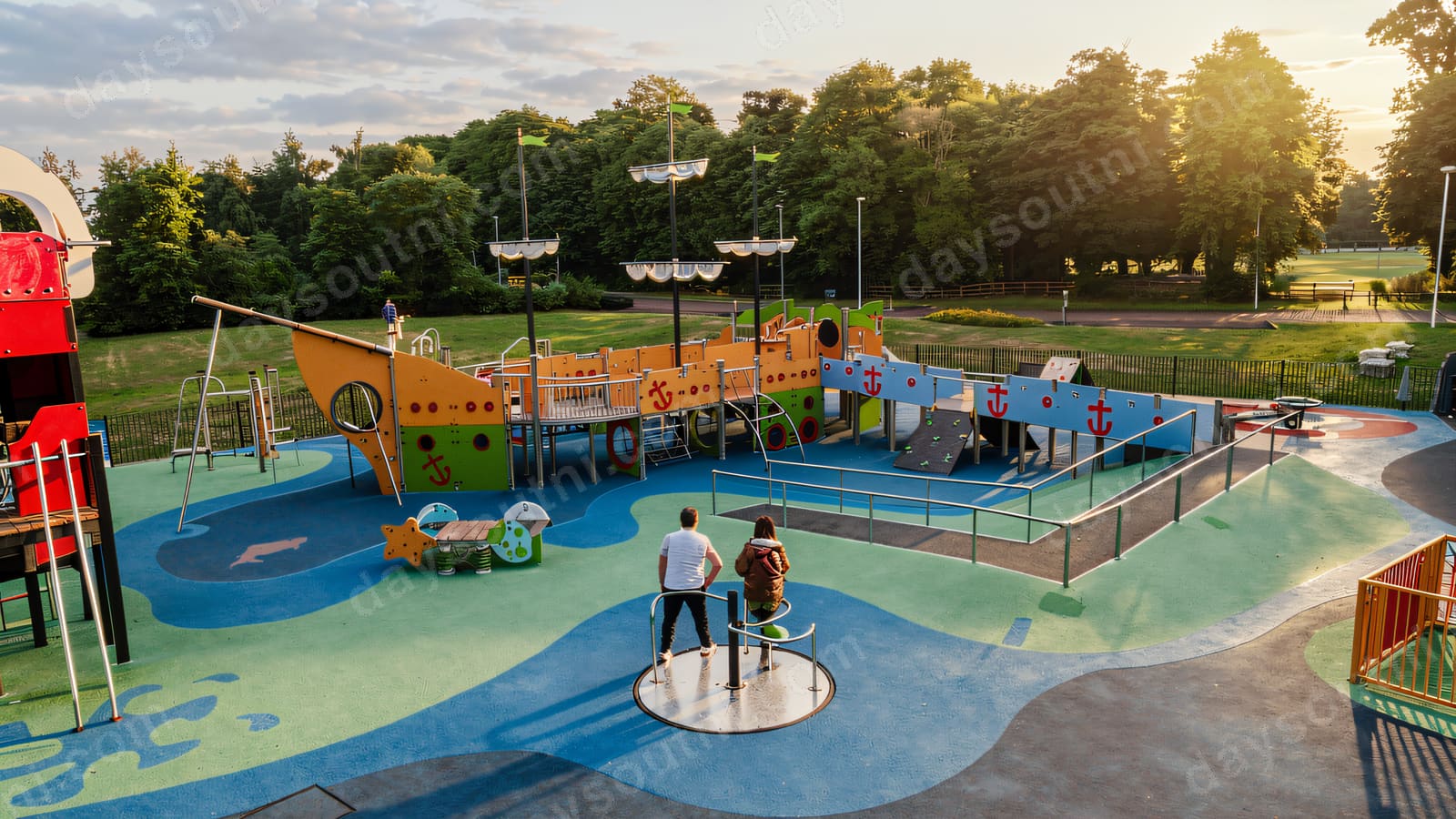 A wide view of the play park showing the ship, roundabout and springers on blue and green surfacing.