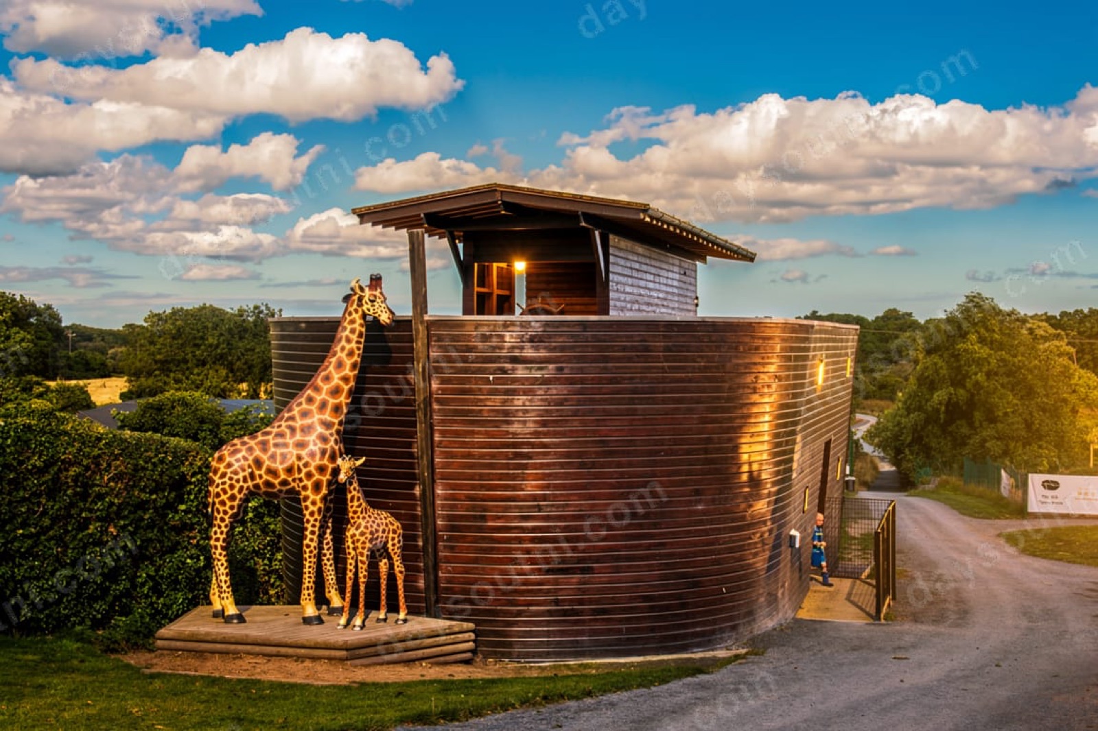 The Ark Open Farm's giant wooden Noah's-ark-shaped building with life-size giraffe models at the entrance under a blue sky