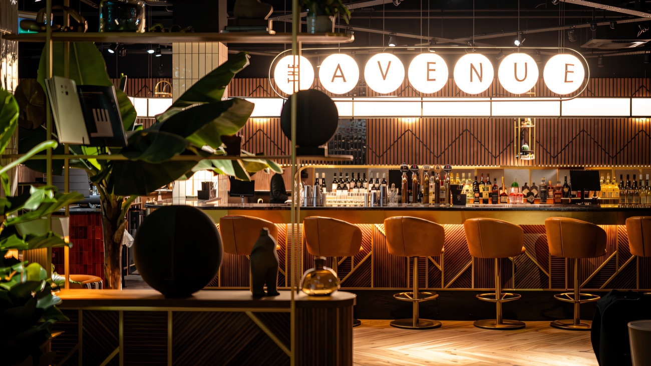 The bar and lounge area beside the screens