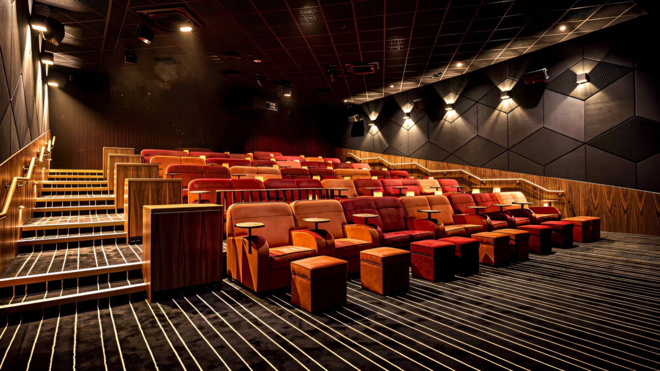 Looking down a row of seats in one of the screens
