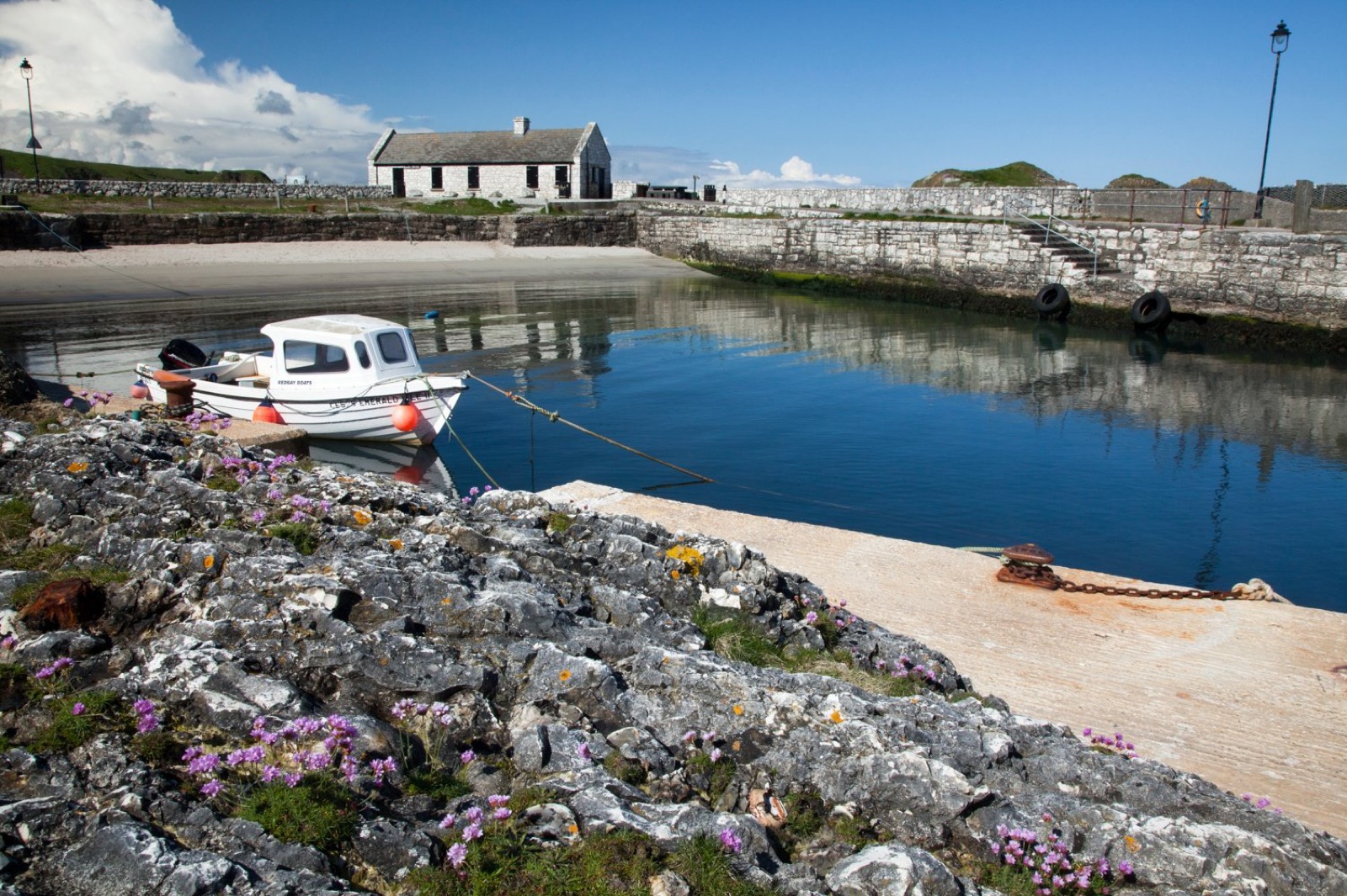 The small harbour at Ballintoy with a moored boat, a whitewashed harbour building and rocks dotted with pink sea-thrift under a blue sky