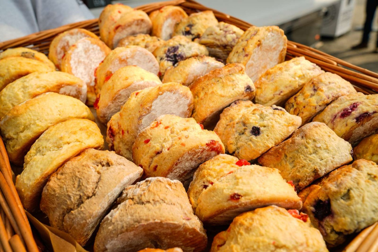 A basket of freshly baked scones on a food stall in the NI Food & Drink Pavilion