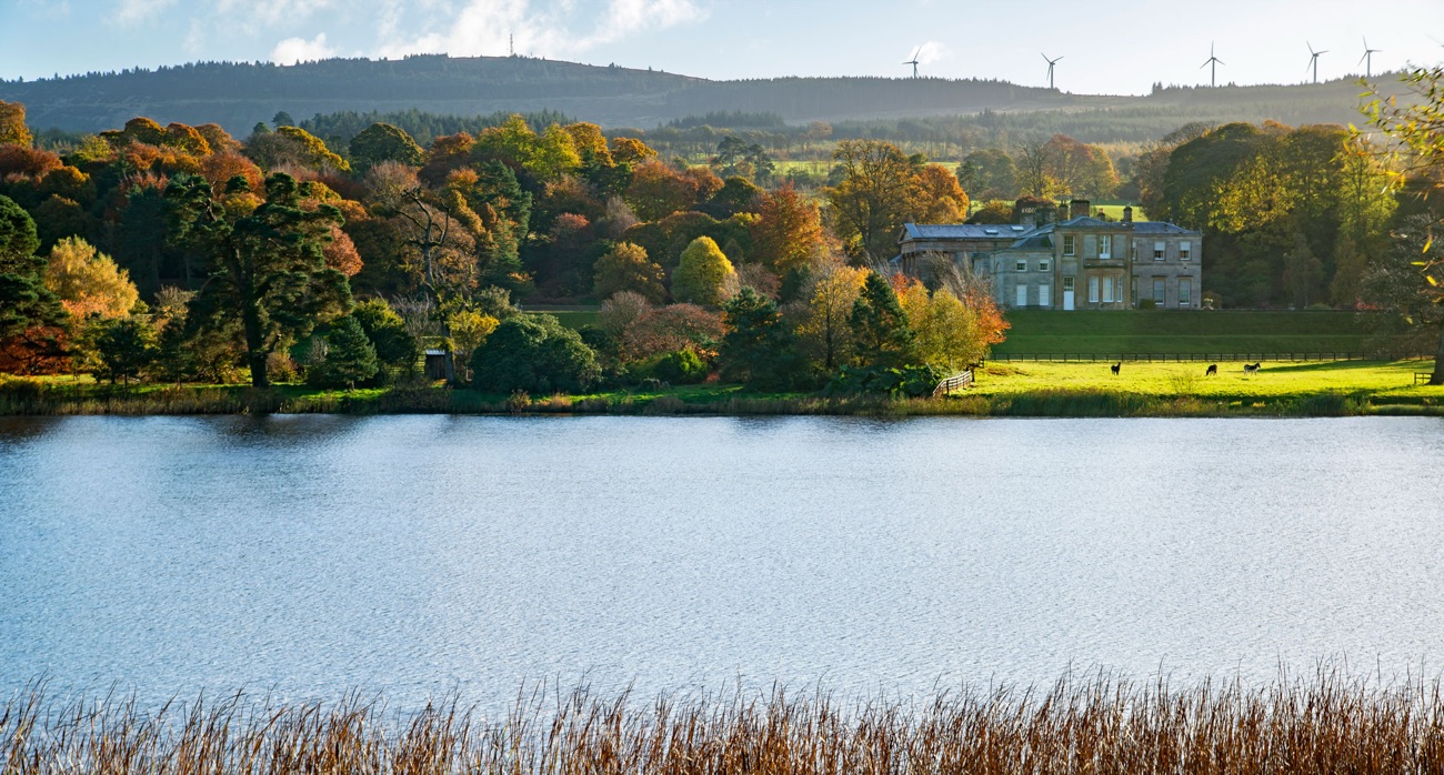 A Baronscourt lake fringed with reeds, autumn woodland and the estate on the rise beyond
