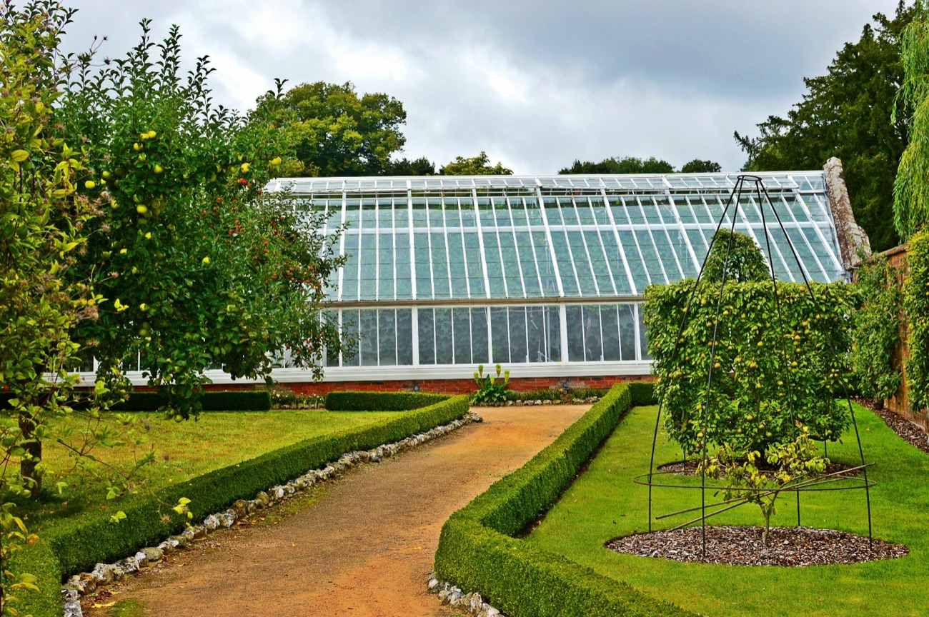 The old glasshouse in the walled kitchen garden with box-edged beds