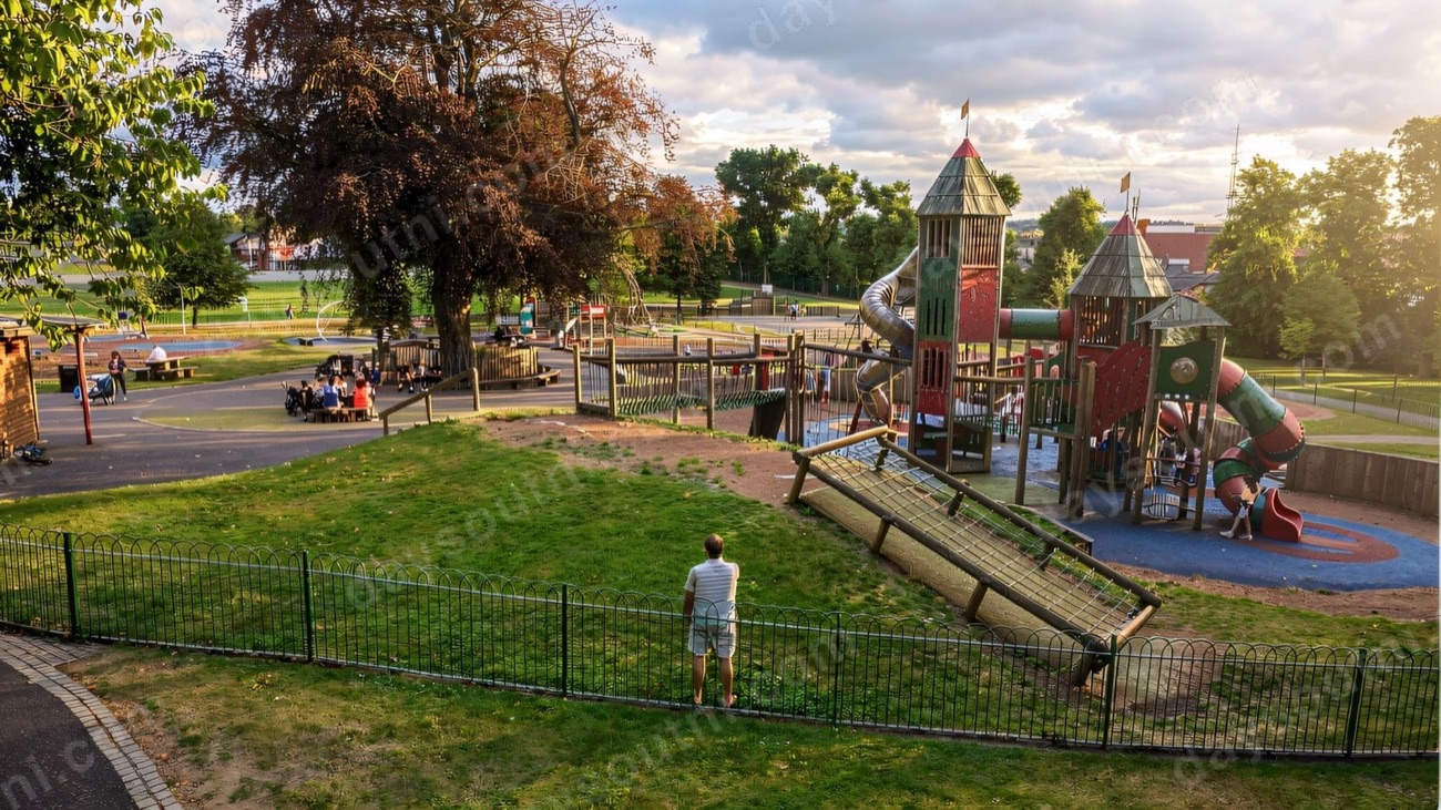 A large red and green castle-style play structure with slides on rubber surfacing at Wallace Park, Lisburn, with mature trees around it