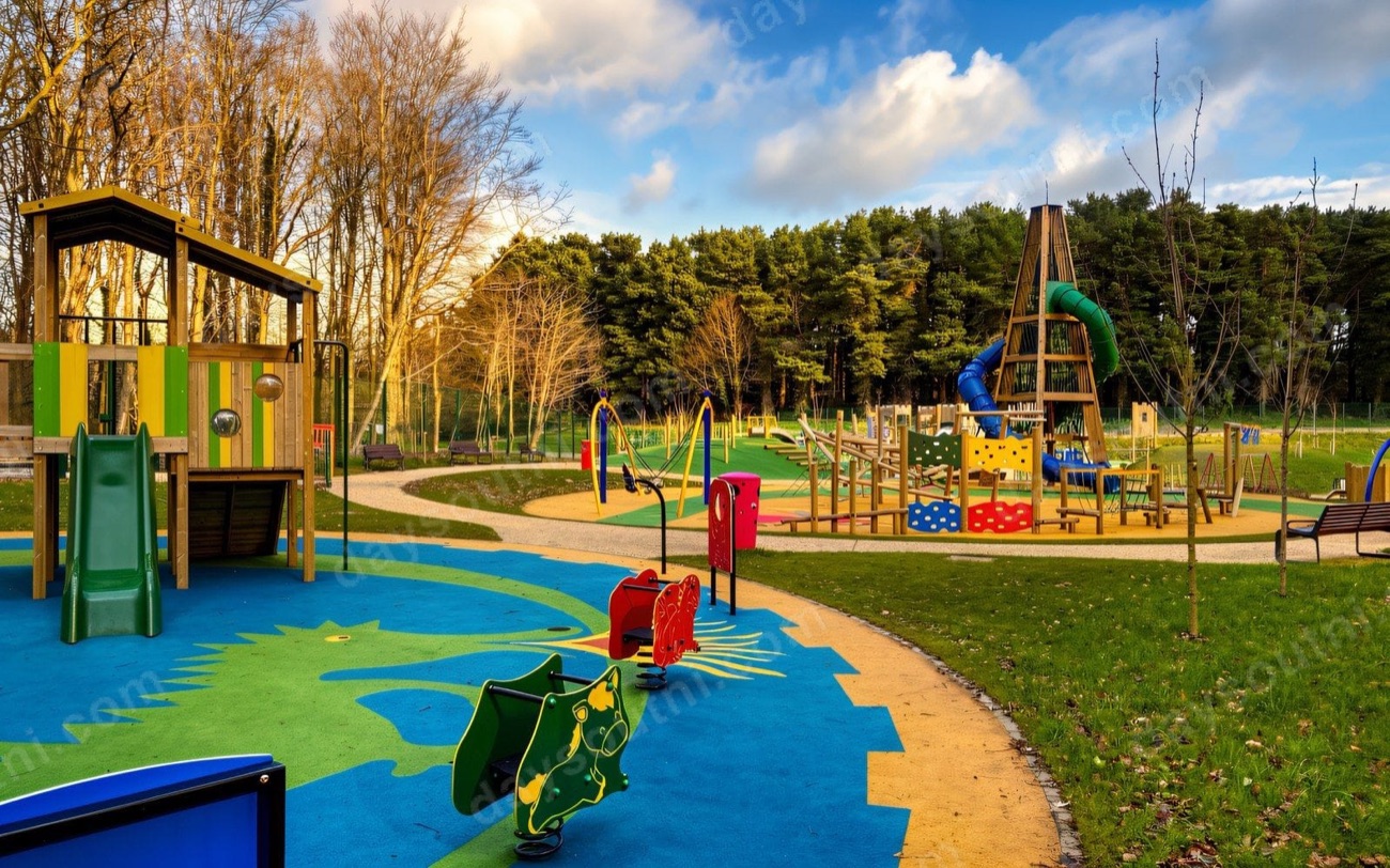Colourful climbing frames, towers and a green river shape on the safety surfacing at Mo Mowlam Play Park, with tall trees behind