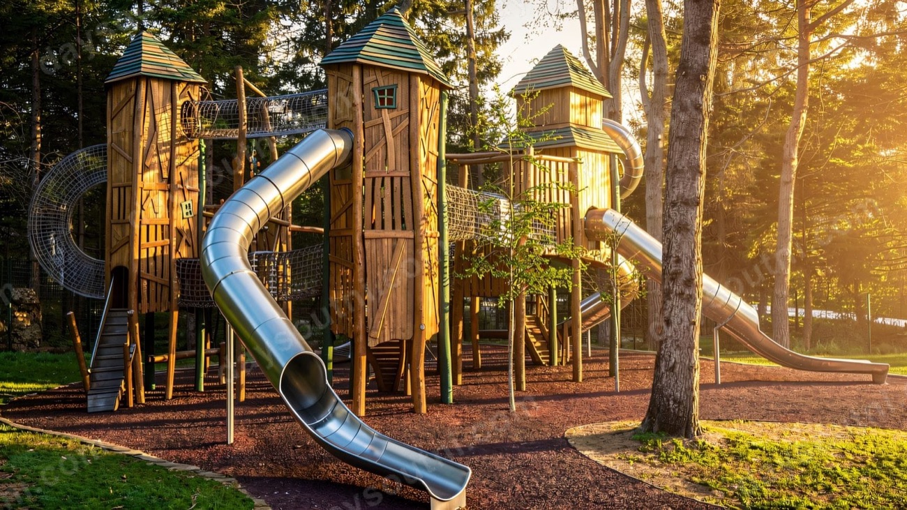 Three tall timber towers with green roofs, rope nets and steel tunnel slides at the Hillsborough Forest play park in evening light