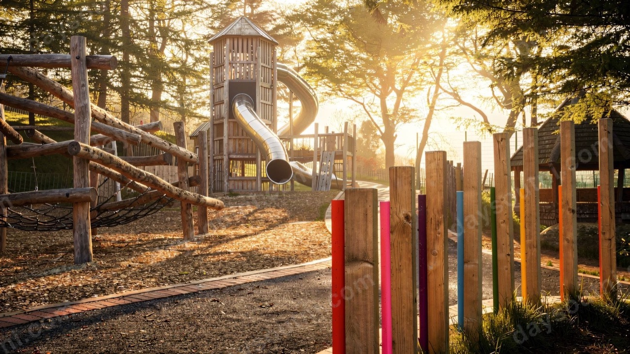 A timber tower with a tunnel slide and log climbing structures in warm evening light at the Slieve Gullion adventure playpark