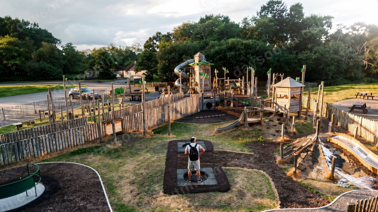 Tall timber forts, a tunnel slide and palisade fencing at the Oxford Island play park beside Lough Neagh