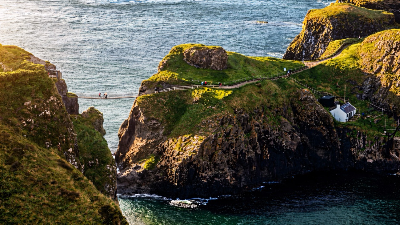 The Carrick-a-Rede rope bridge crossing to a rocky island