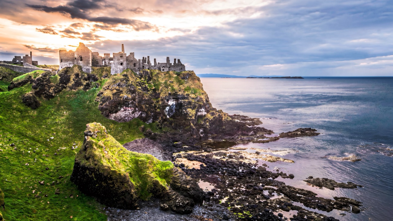 The ruins of Dunluce Castle on its cliff-edge headland