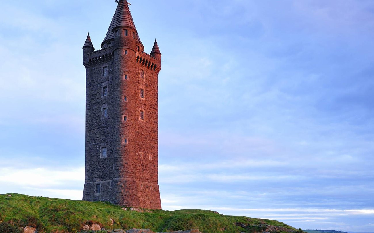 Scrabo Tower on its hill above Strangford Lough