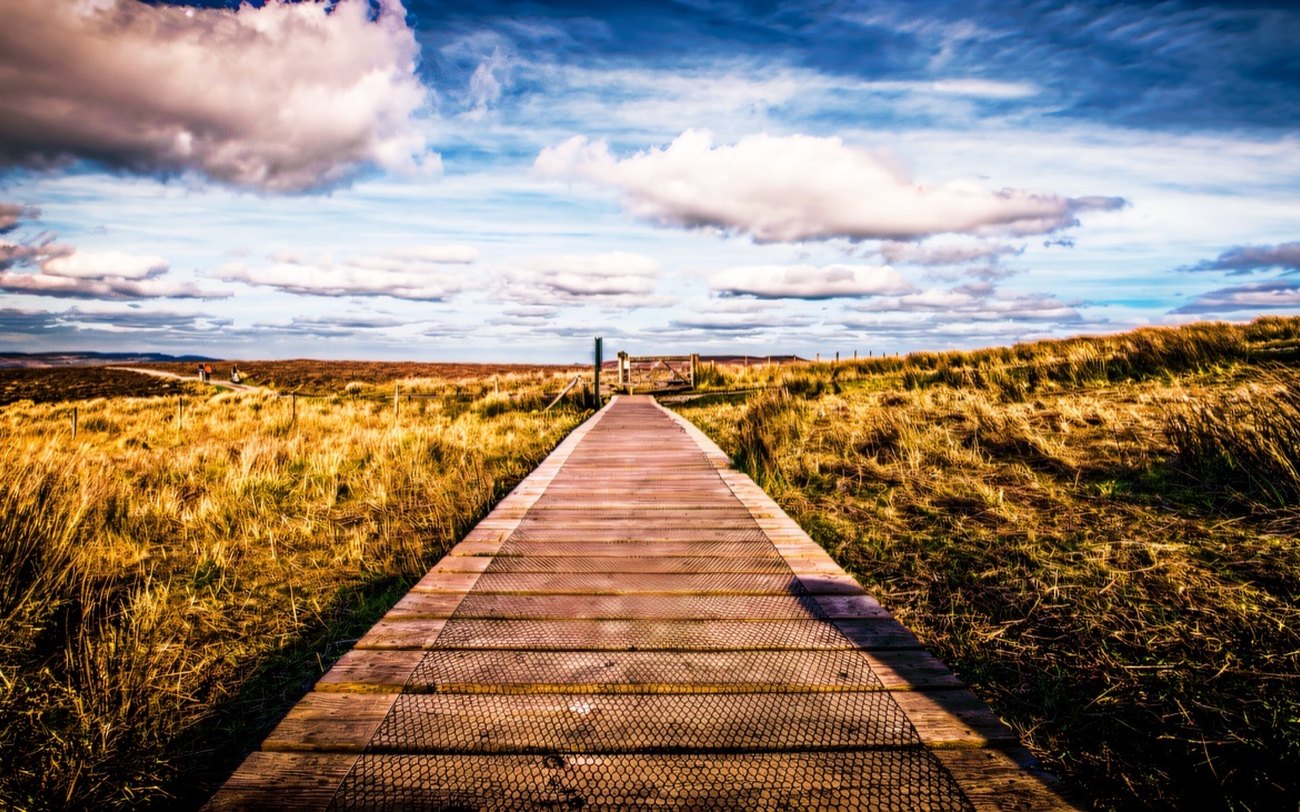 The Cuilcagh boardwalk crossing the bog toward the mountain
