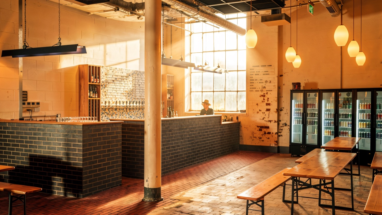 The taproom before opening, with long wooden benches, a brick-fronted bar and tall factory windows
