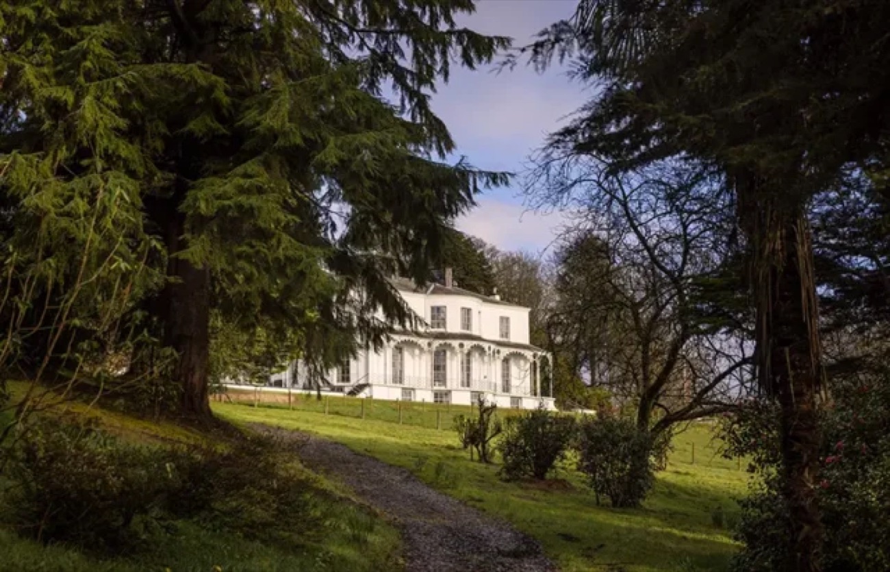 The white Georgian house at Brook Hall framed by tall trees, a gravel path leading up