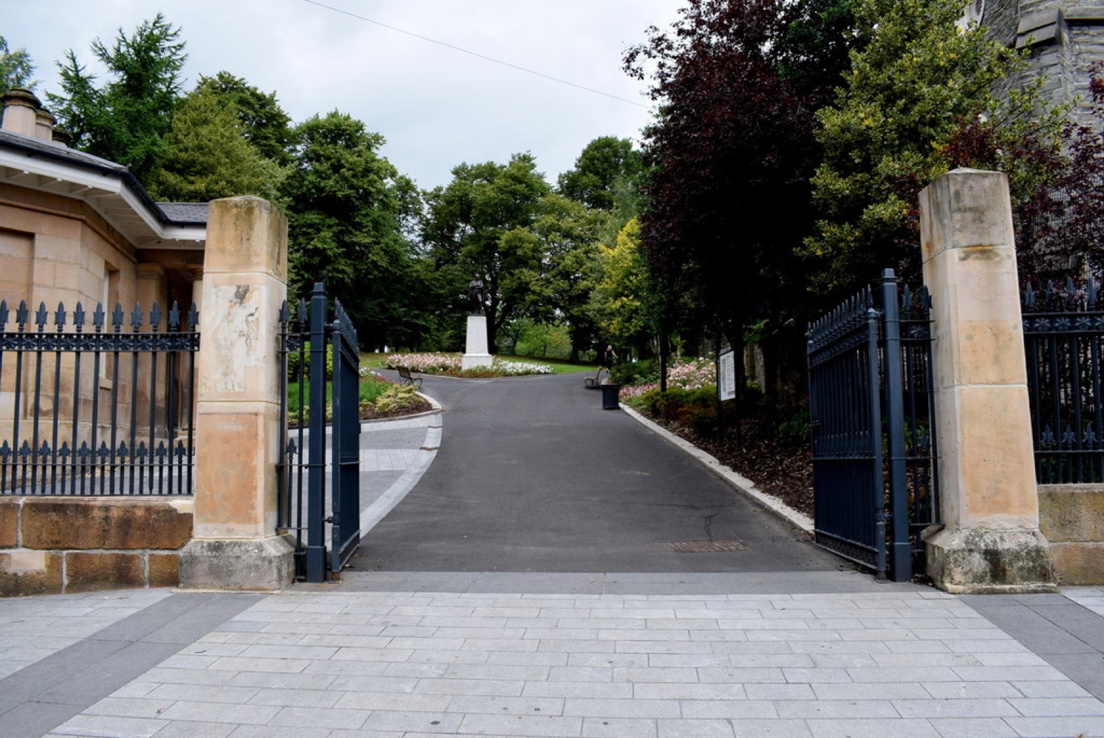 Restored stone gate piers and railings at the entrance to Brooke Park, Derry/Londonderry