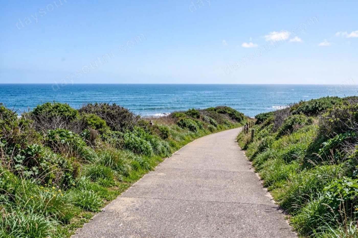 A wide surfaced traffic-free path leading toward the water