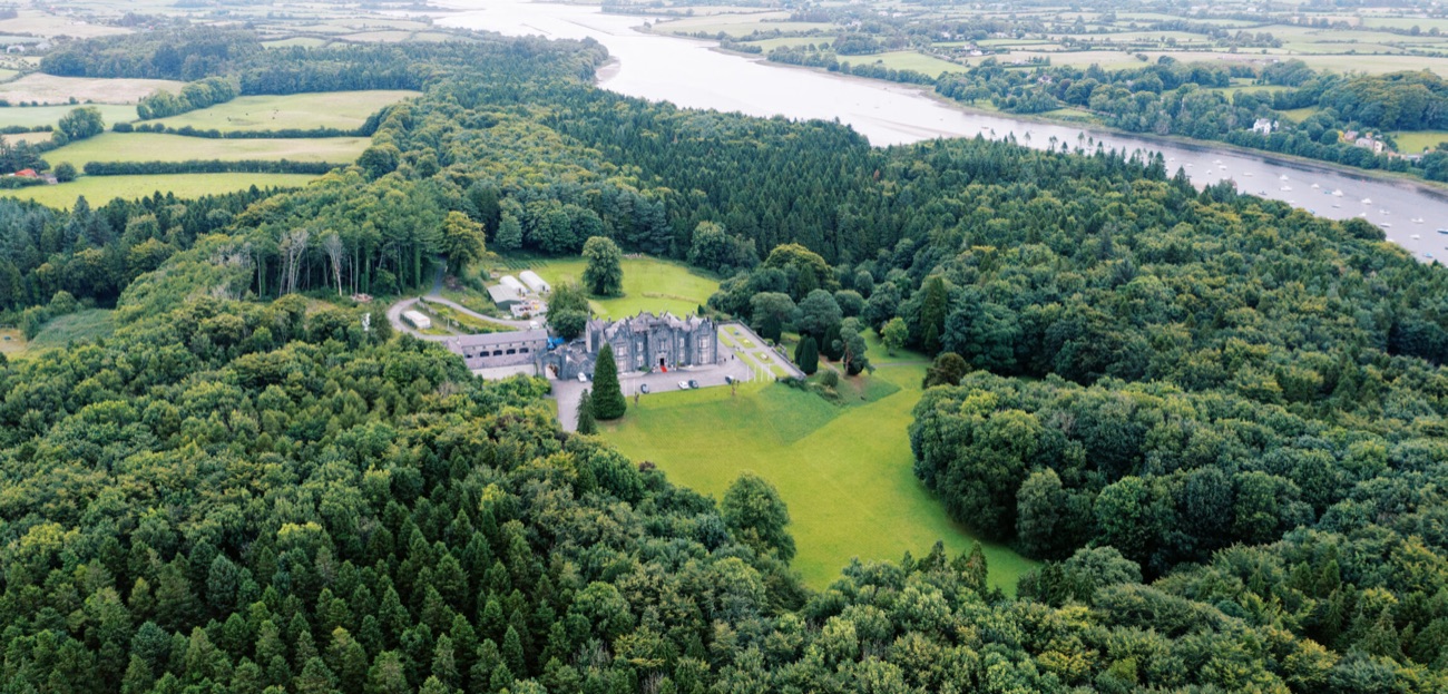 Aerial view of the wooded Castle Caldwell peninsula reaching out into Lower Lough Erne, forest on every side