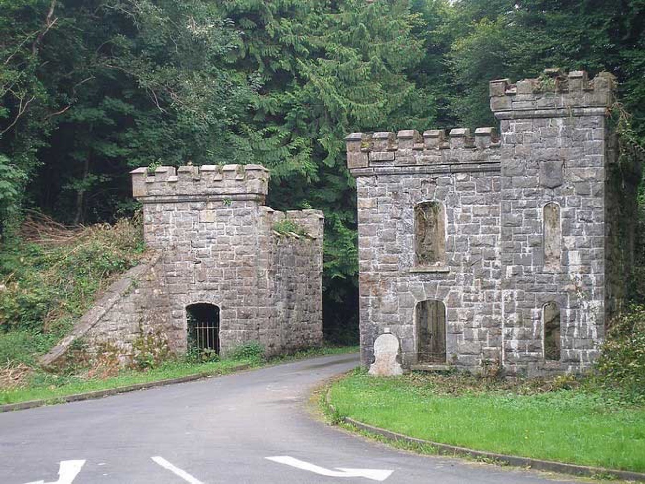 The two battlemented gatehouse towers of Castle Caldwell in grey stone beside the forest road