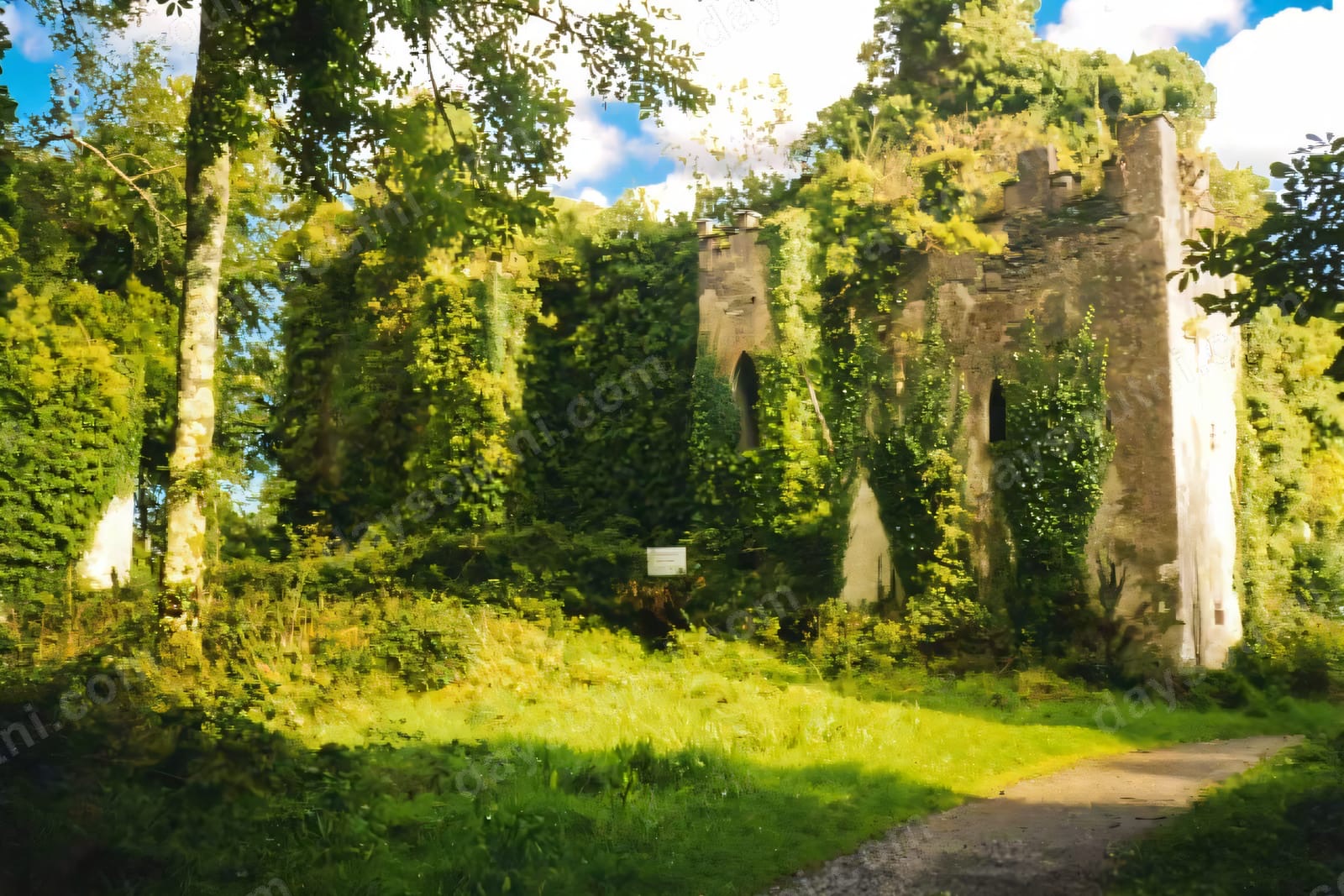 The ivy-clad stone ruins of Castle Caldwell rising among the trees, with a gravel path leading up to them