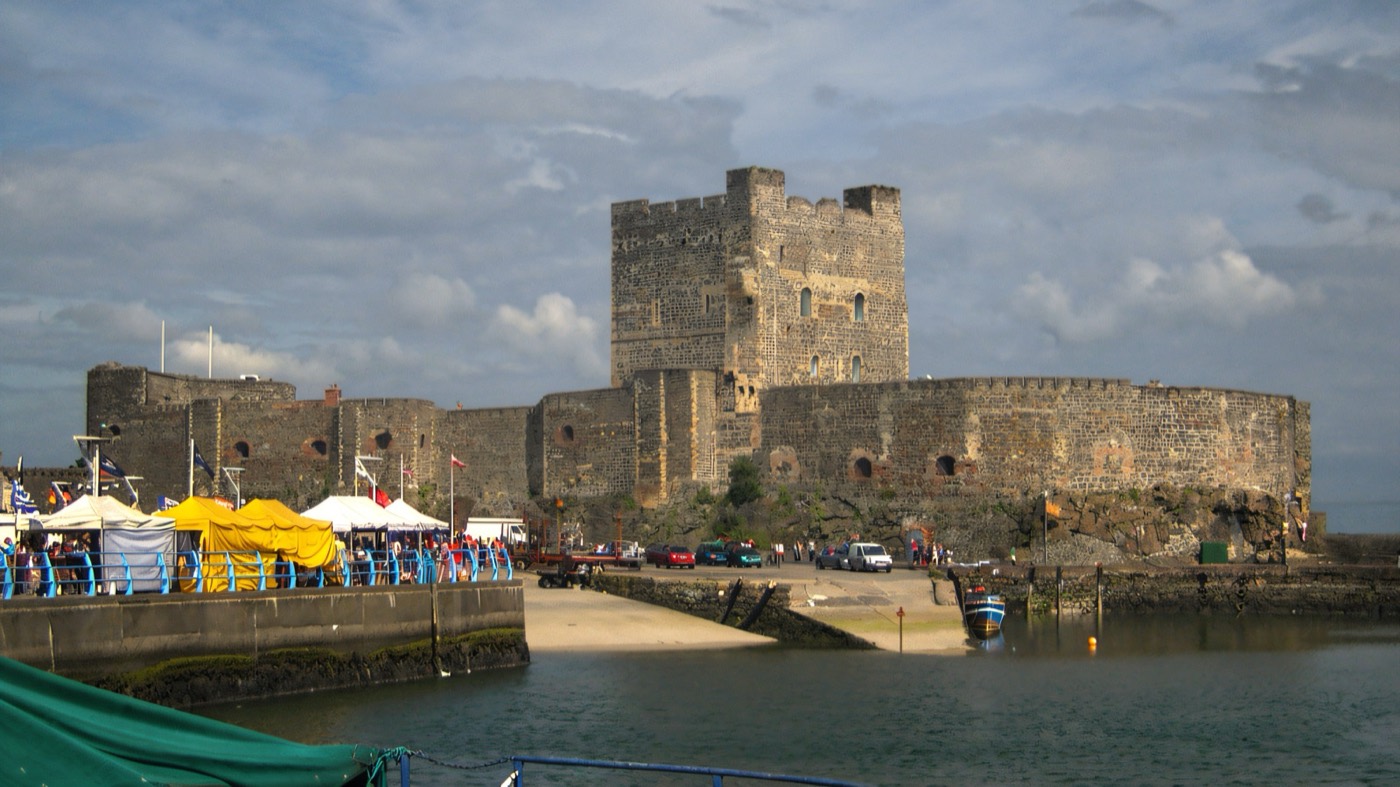 The Norman keep of Carrickfergus Castle beside the water