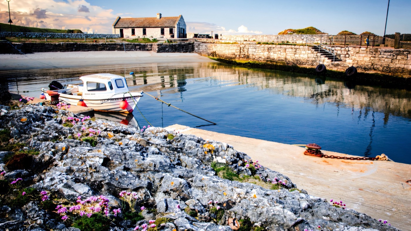 The small harbour and limestone stacks at Ballintoy