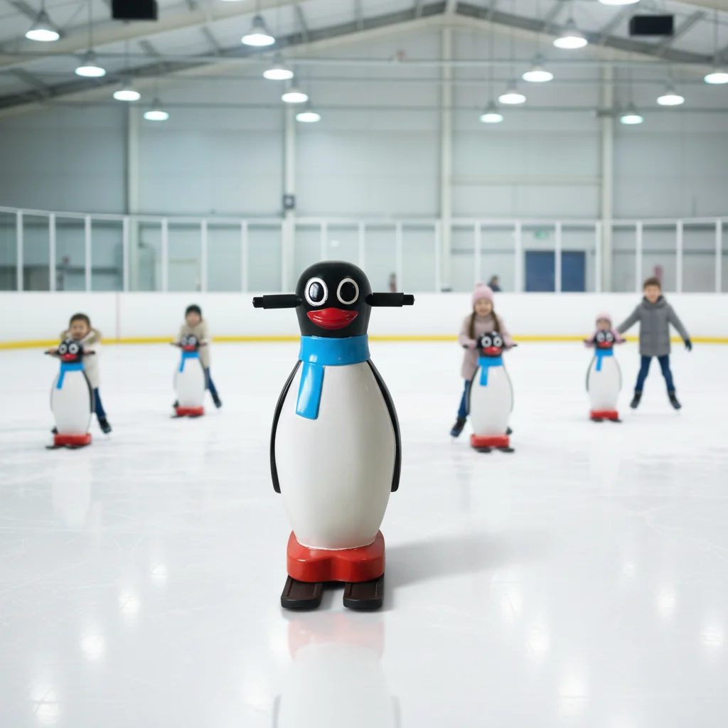 A bright indoor ice rink with penguin skate aids and skaters at Dundonald Ice Bowl