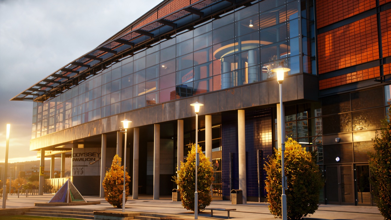 The glass frontage of the Pavilion