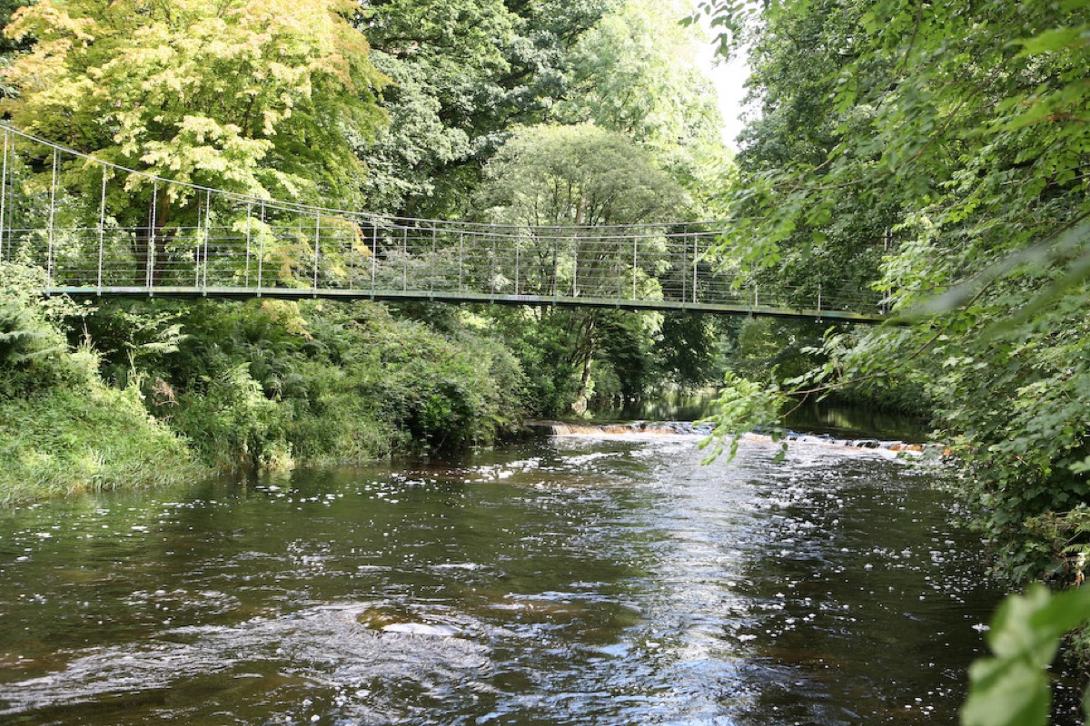 A slender metal suspension footbridge crossing the tree-lined Colebrooke River in summer