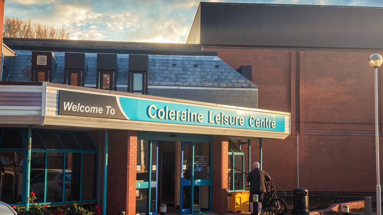 The front entrance and welcome sign at Coleraine Leisure Centre