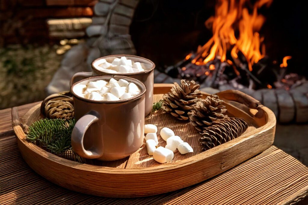 A tray of hot chocolate topped with marshmallows beside a fire in the woods