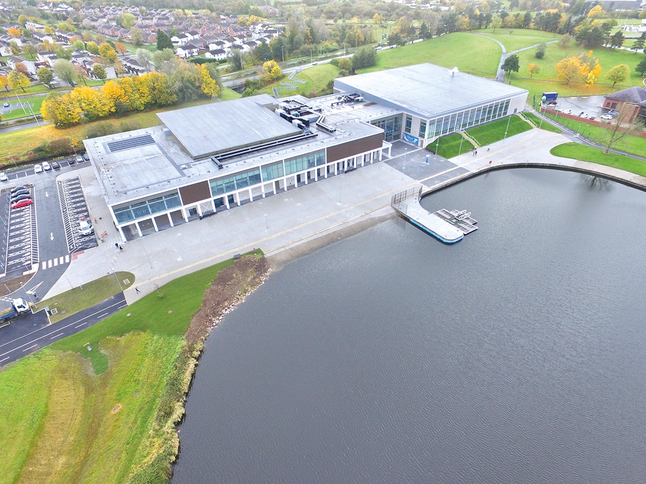 Aerial view of South Lake Leisure Centre sitting right on the edge of the lake