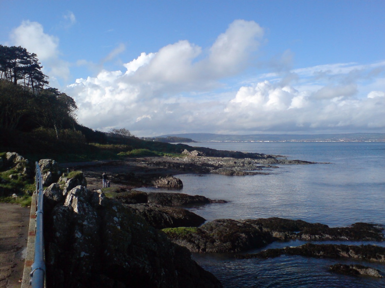 The rocky coastal path at Crawfordsburn with railings, looking out over Belfast Lough to distant hills