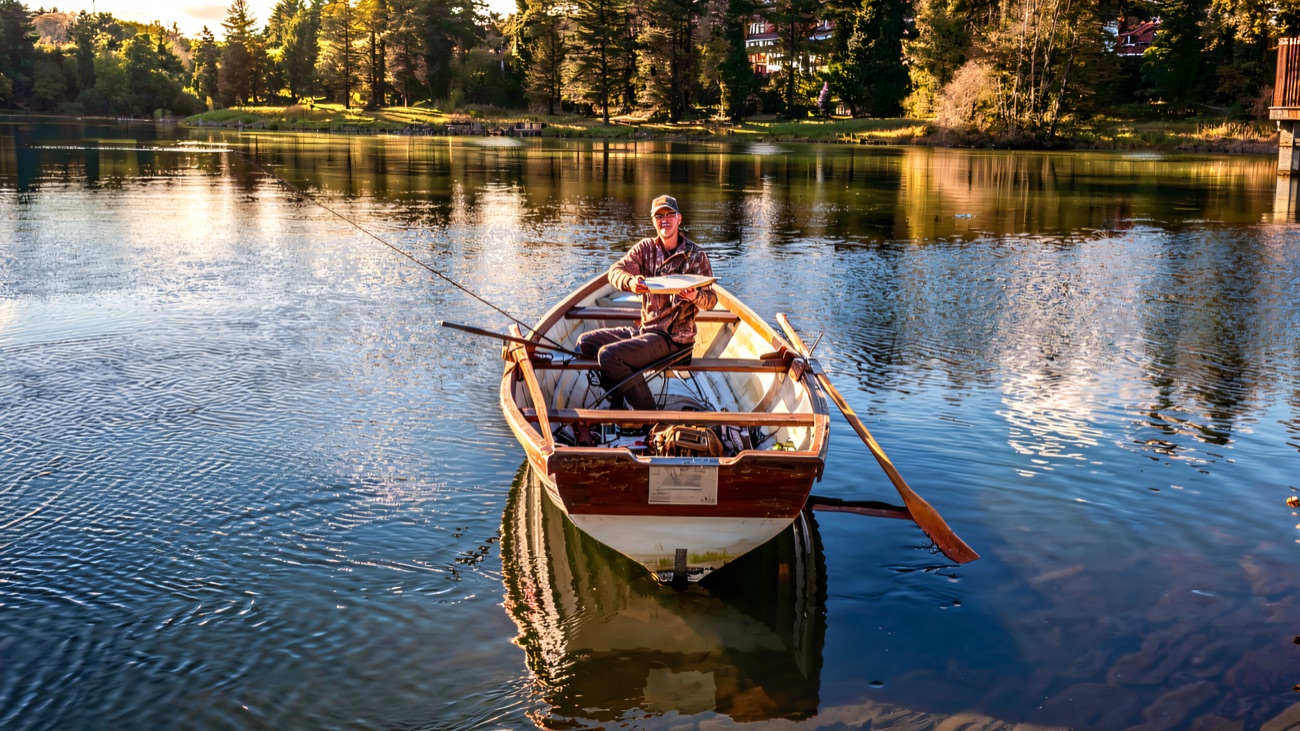 An angler out on the lake in a small boat