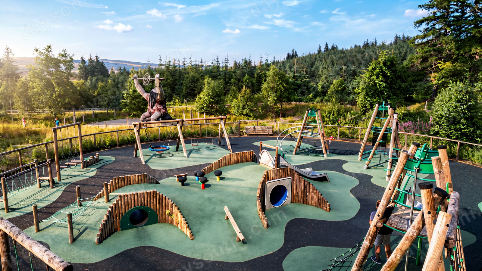 A curving play area in a forest clearing with swings and climbing frames on green surfacing.