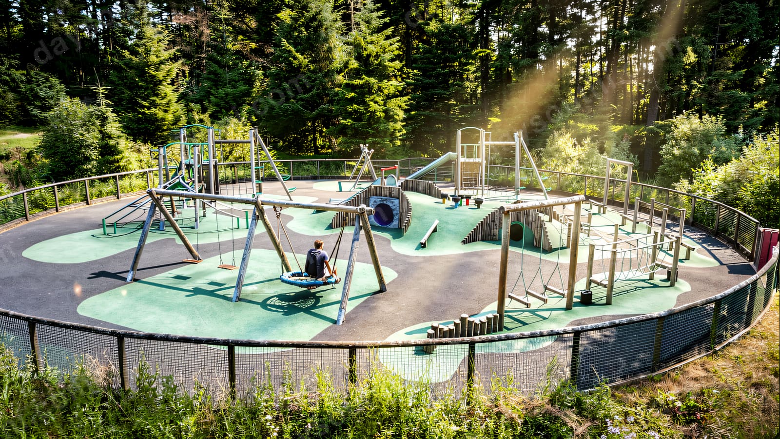 A green mounded play area with tunnels and timber edging, a carved figure standing behind it.