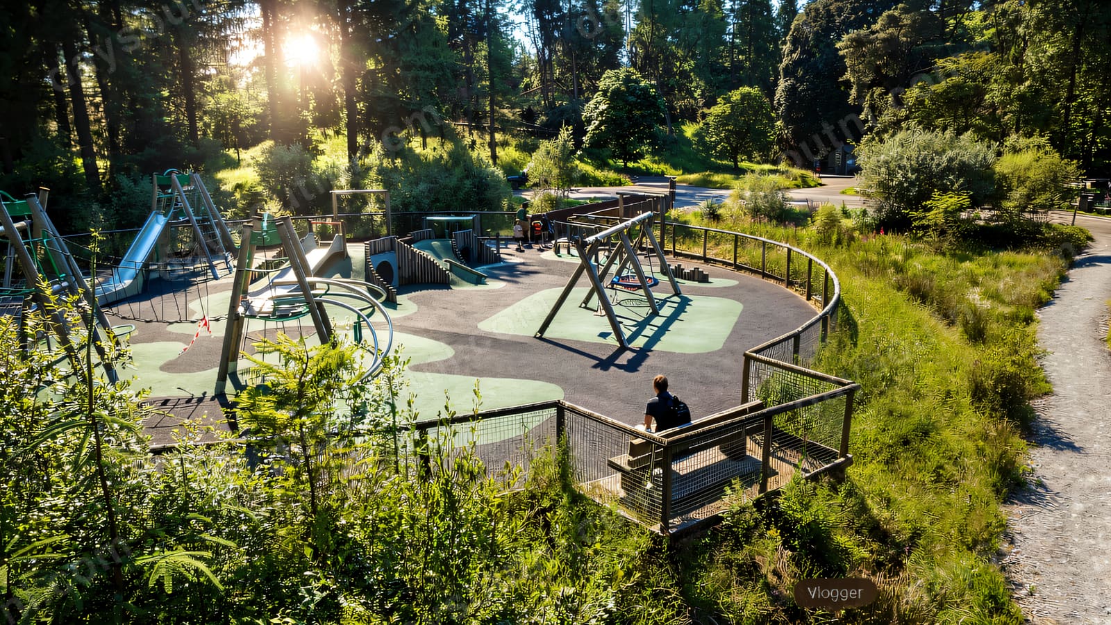A circular play area with swings and a roundabout, sunlight coming through the conifers.