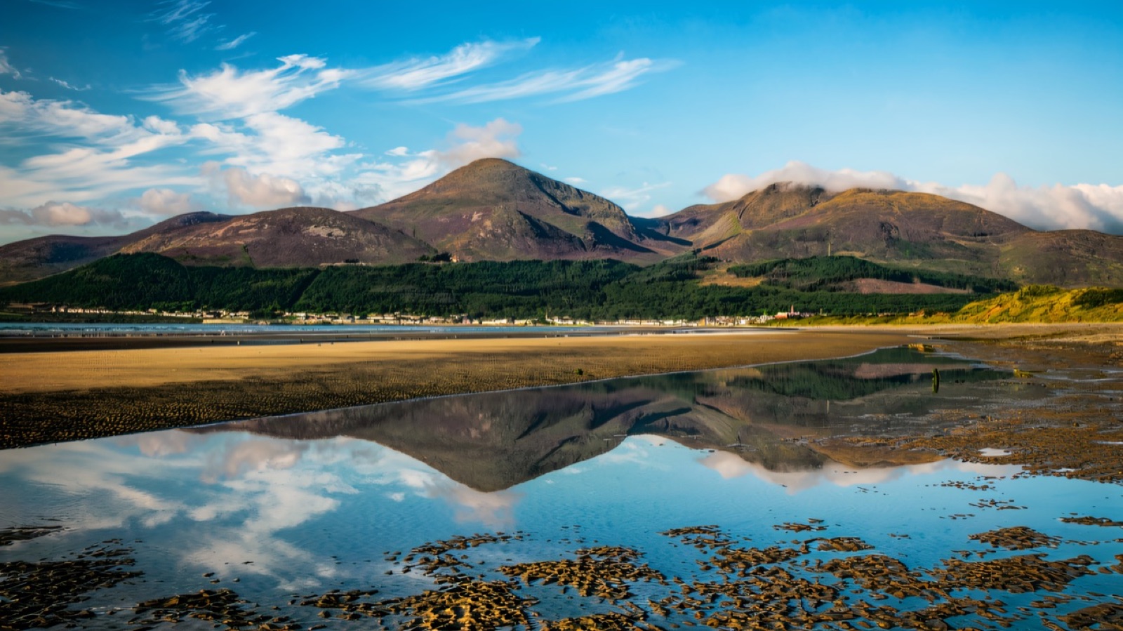 The Mournes reflected on wet sand at Murlough