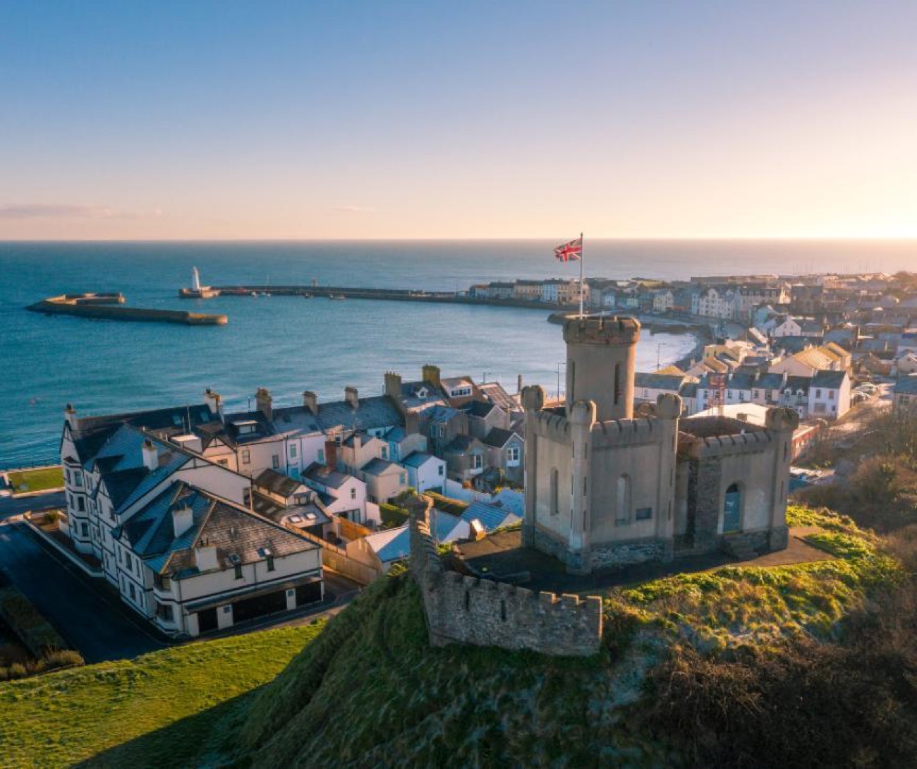 Aerial view of the motte and the Commons above Donaghadee town and harbour