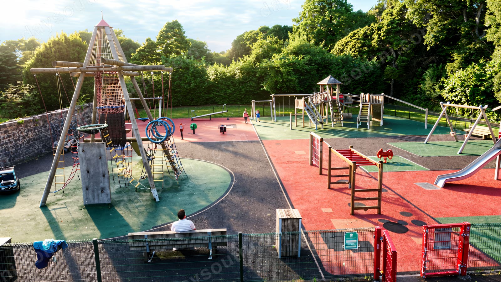 A wide view of the play park with the rope tower, slide and climbing frames inside the walled garden.