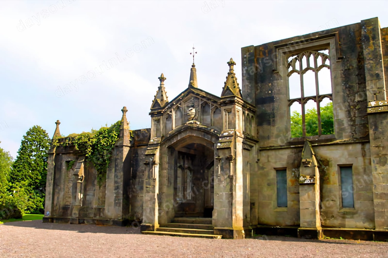 The ruins of Drum Manor house in the forest park