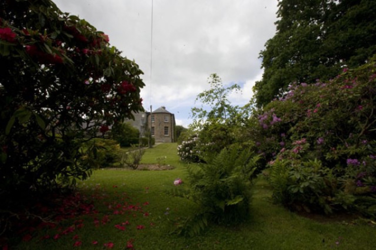 The mature garden at Drumcovitt with rhododendrons and azaleas in flower, a lawn path and the house glimpsed through the greenery