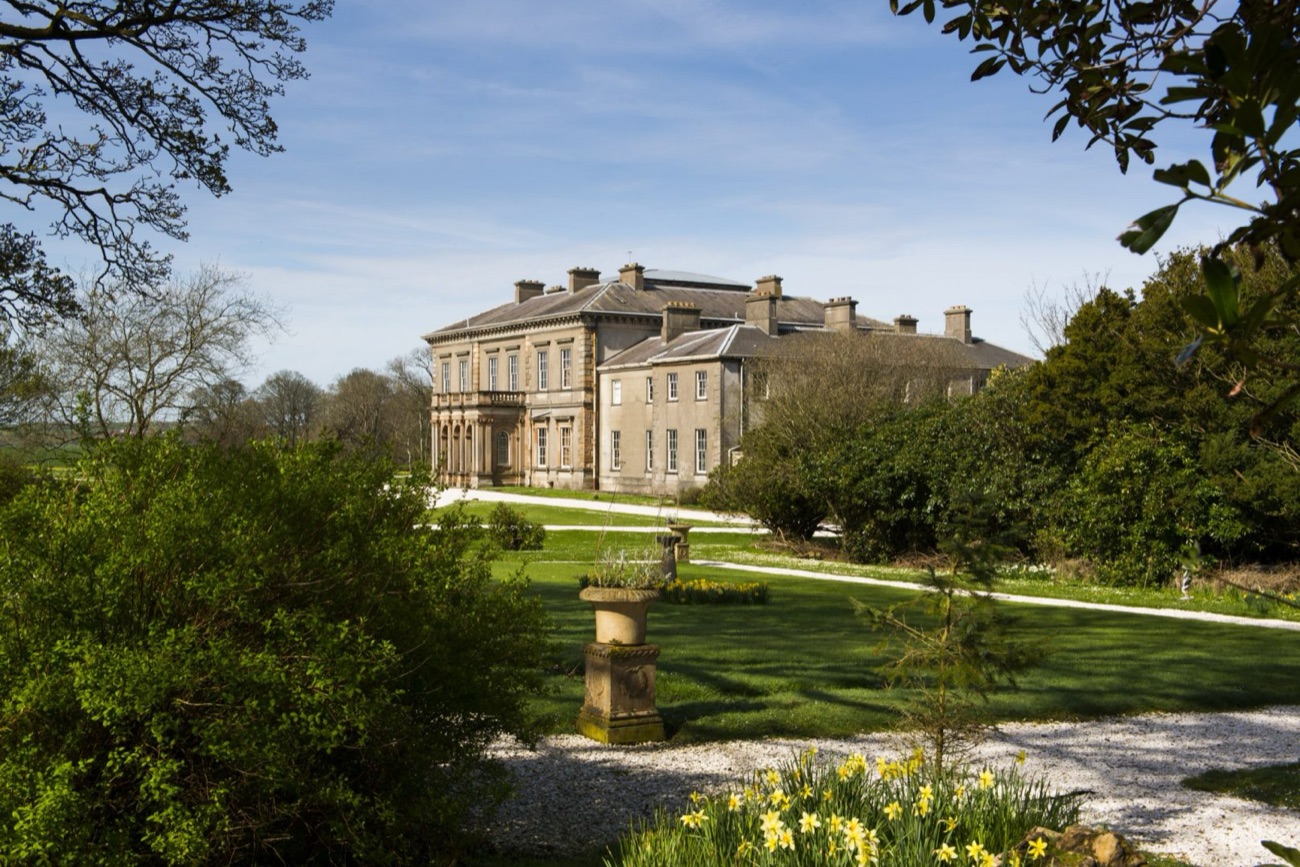 Dundarave House framed through trees with a stone garden urn and spring daffodils in the foreground