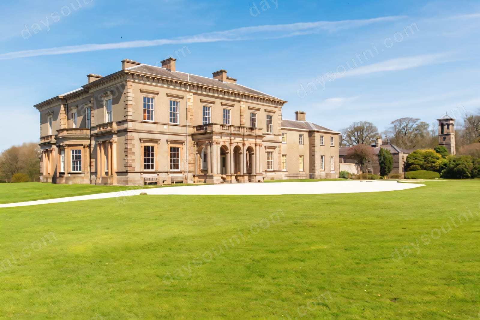 The honey-coloured Italianate mansion at Dundarave House with its columned portico and a bell tower to the right, seen across a wide green lawn under a blue sky